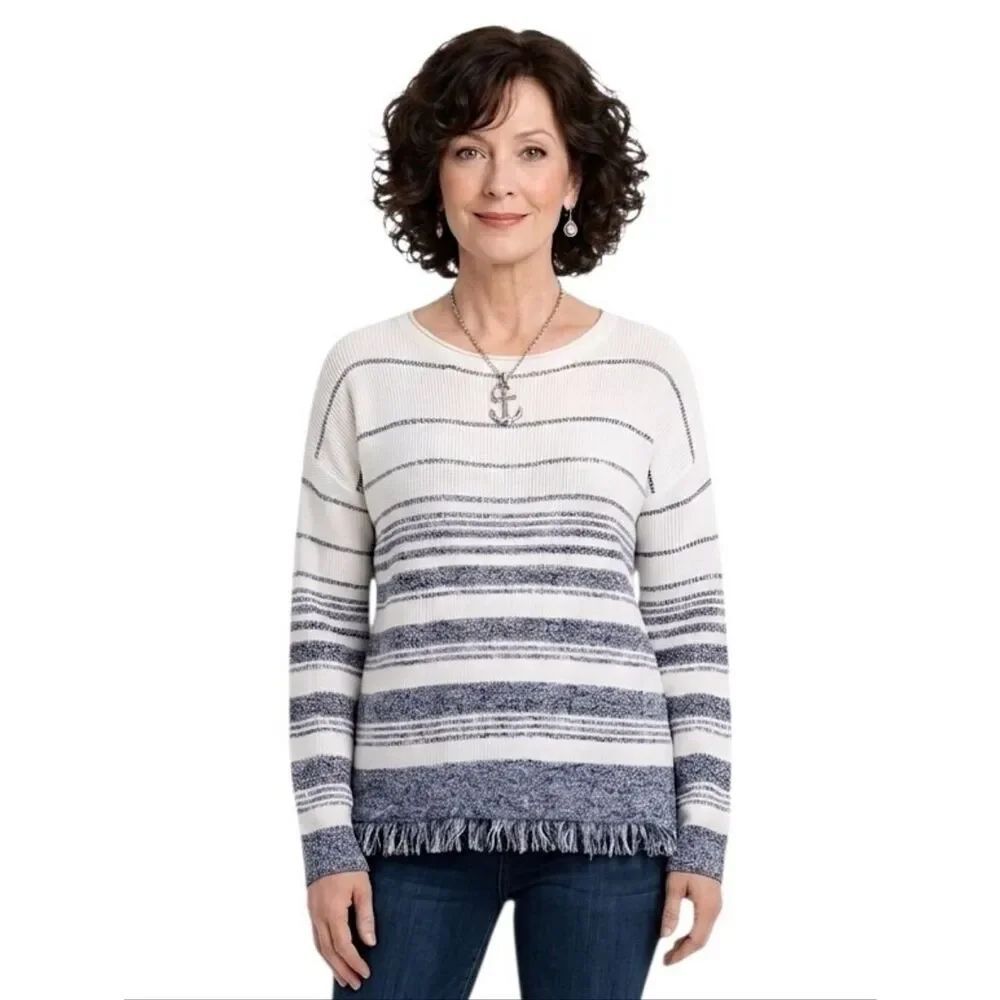 Max Studio Blue Linen Blend Striped Sweater With A Fringed Hem Size M